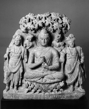 Fig. 24. Buddha triad. Dated “year 5.” Provenance unknown. H. 62 cm. Agonshū, Japan. From Kurita, Gandharan Art, vol. 1, P3-VIII.