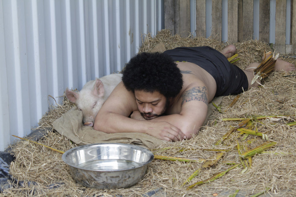 Contemporary Pacific 31-1 featured art. Pigs in the Yard, by Kalisolaite ‘Uhila, 2011.